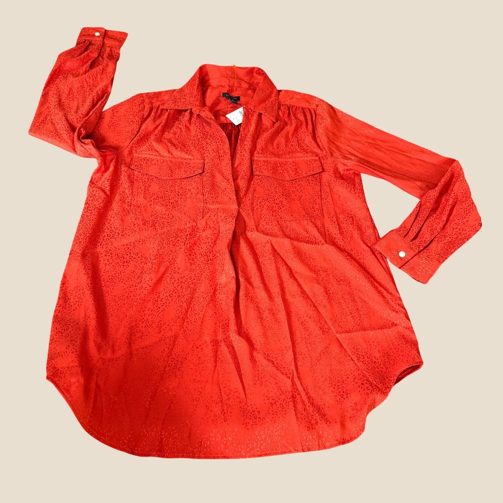 NWT Ann Taylor Button Down Shirt Womens M Red Leopard Jacquard Satin Top Office